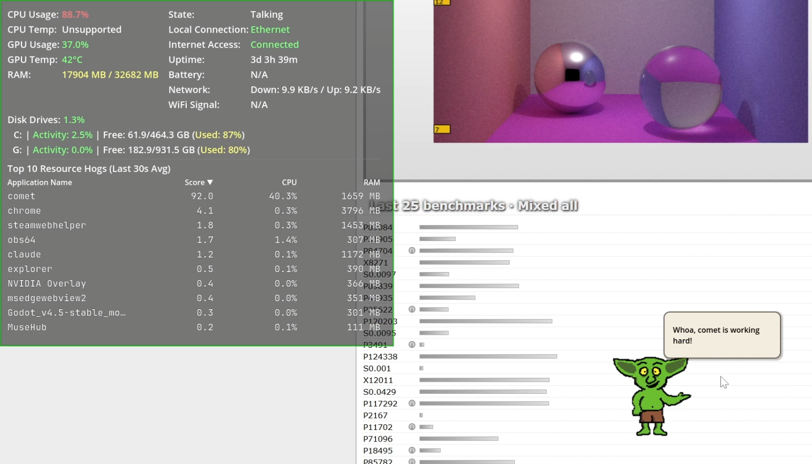Desktop Goblin status window and logbook report