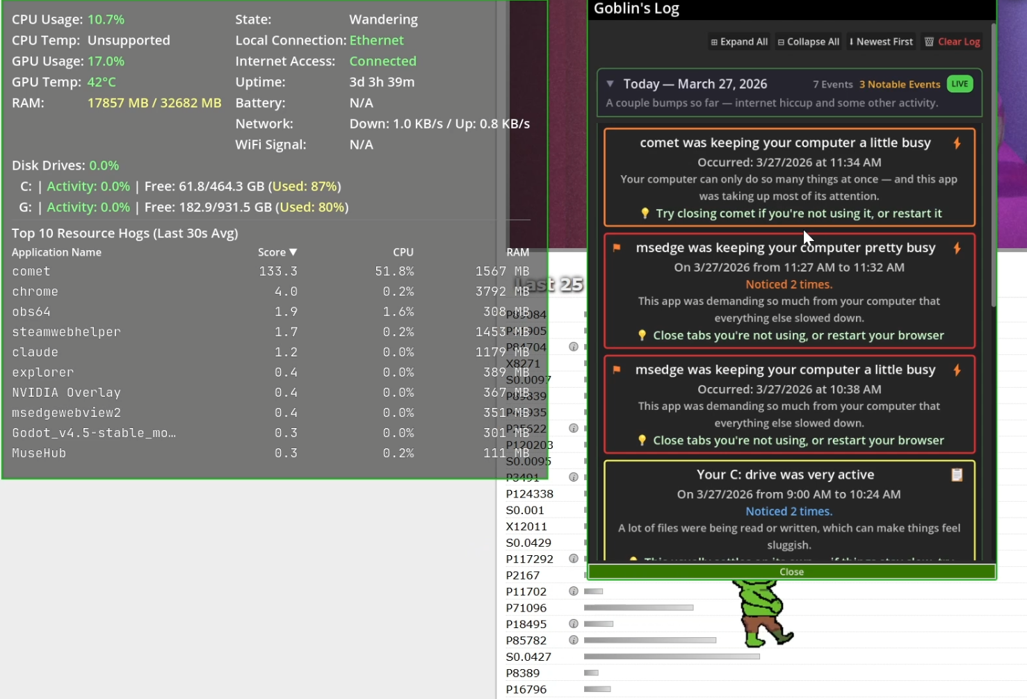 Desktop Goblin logbook with alert cards